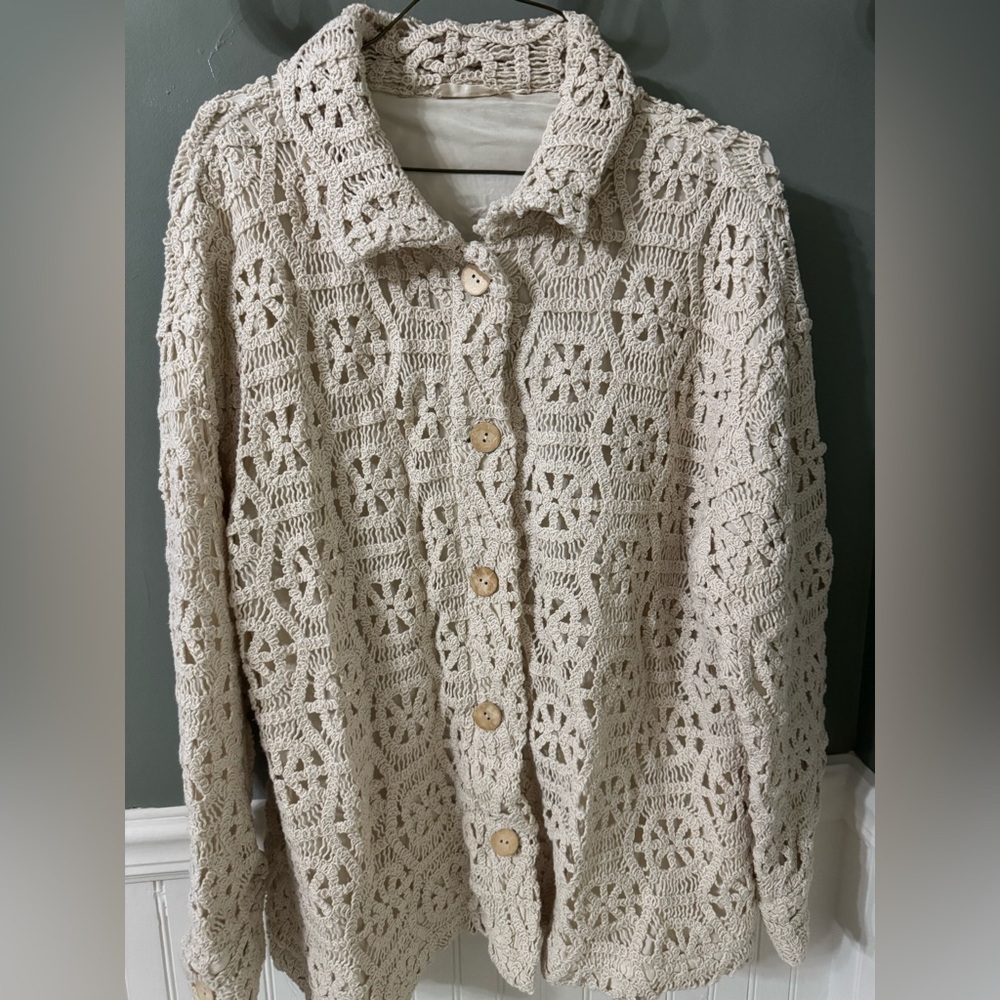 ILLA ILLA Crochet Wood Button Down Shacket in Cream - Picture 2 of 8